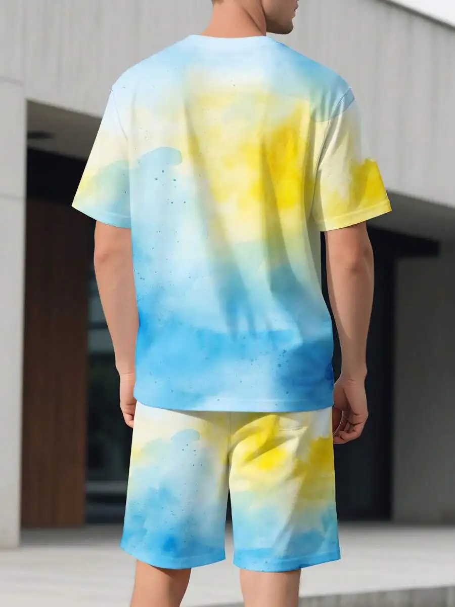 Mens Tie Dye Short Sleeve T-Shirt And Shorts Set Blue Yellow Watercolor Print Casual Loose Fit Summer Outfit
Mens Tie Dye Short Sleeve T-Shirt And Shorts Set Blue Yellow Watercolor Print Casual Loose Fit Summer Outfit