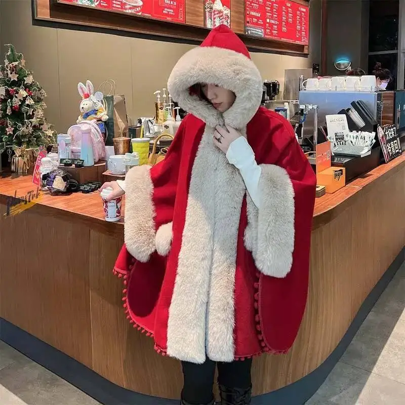 Модная китайская красная теплая шерстяная накидка из искусственного меха с капюшоном Happy Cute Tassels Pocket Loose Overcoat Cloak Lady Winter New Year Gift
Модная китайская красная теплая шерстяная накидка из искусственного меха с капюшоном Happy Cute Tassels Pocket Loose Overcoat Cloak Lady Winter New Year Gift