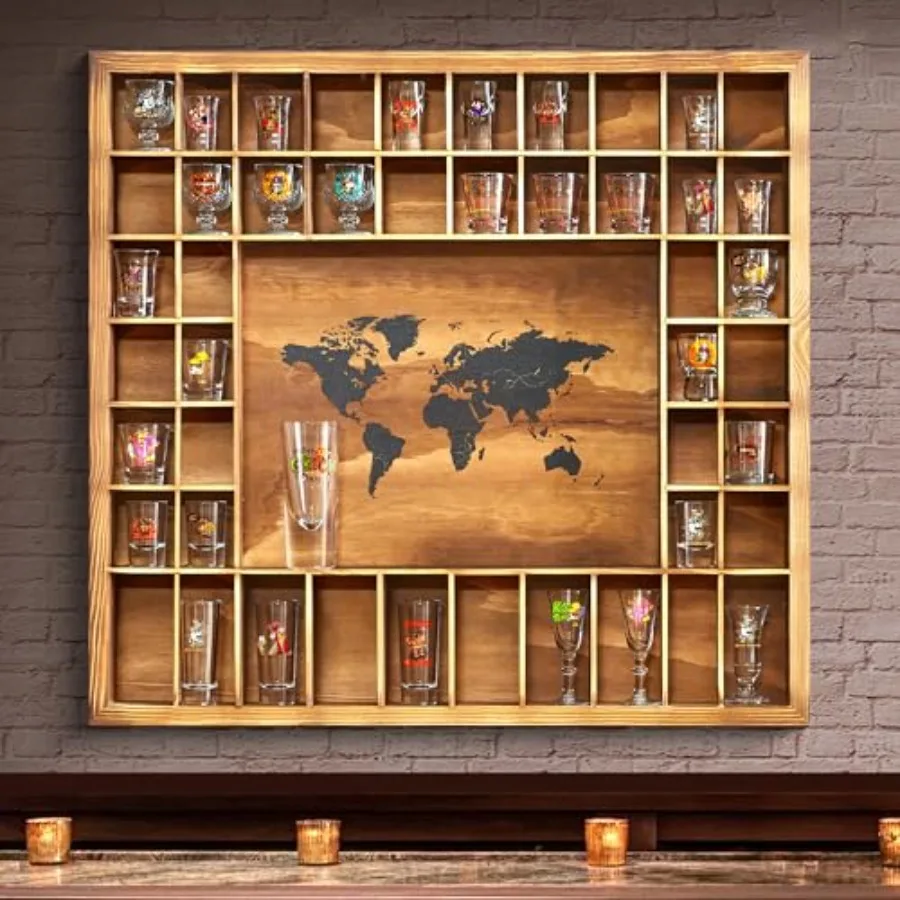 Large Shot Glass Display Case with World Map, 46 Slots, 26 Inch Rustic Wood Shot Glass Display Cabinet for 2 Size in Rooms Bars
Large Shot Glass Display Case with World Map, 46 Slots, 26 Inch Rustic Wood Shot Glass Display Cabinet for 2 Size in Rooms Bars