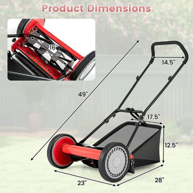 16 Inch Push Lawn Mower with 5 Steel Blades and Grass Catcher Bag-Red
16 Inch Push Lawn Mower with 5 Steel Blades and Grass Catcher Bag-Red