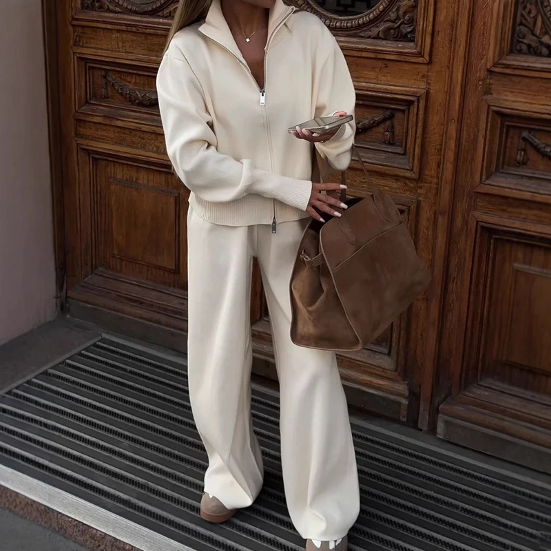 Spring Autumn Lady Solid Tracksuit Casual Knitted Cardigan Pants Sets 2 Pieces For Women Stand Collar Zipper Coat Wide Leg Pants
Spring Autumn Lady Solid Tracksuit Casual Knitted Cardigan Pants Sets 2 Pieces For Women Stand Collar Zipper Coat Wide Leg Pants