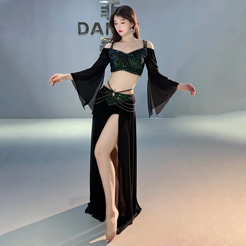 Women Belly Dance Costume Set with Gauze Half Sleeve Top and Sparkling Mesh Split Skirt 2pcs Set Adult Oriental Belly Dance set
Women Belly Dance Costume Set with Gauze Half Sleeve Top and Sparkling Mesh Split Skirt 2pcs Set Adult Oriental Belly Dance set