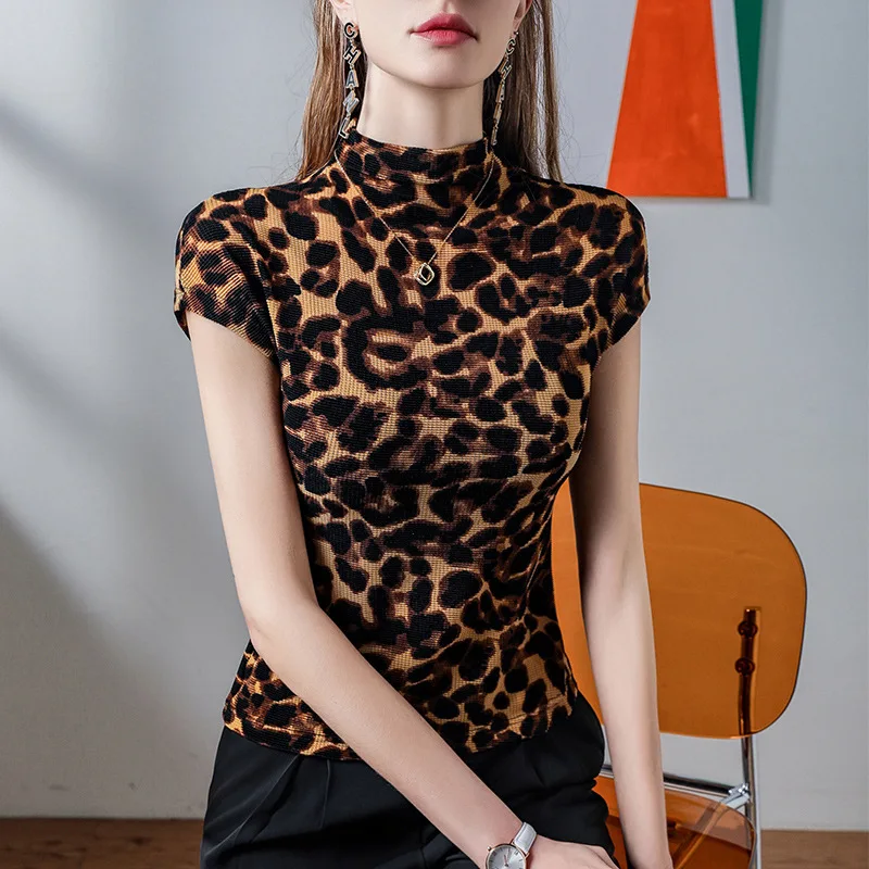 #4401 Leopard T Shirt Women Stand Collar Skinny Short Elastic Vintage Mesh T Shirt Ladies Summer Women's T-shirt Sexy Elegant
#4401 Leopard T Shirt Women Stand Collar Skinny Short Elastic Vintage Mesh T Shirt Ladies Summer Women's T-shirt Sexy Elegant