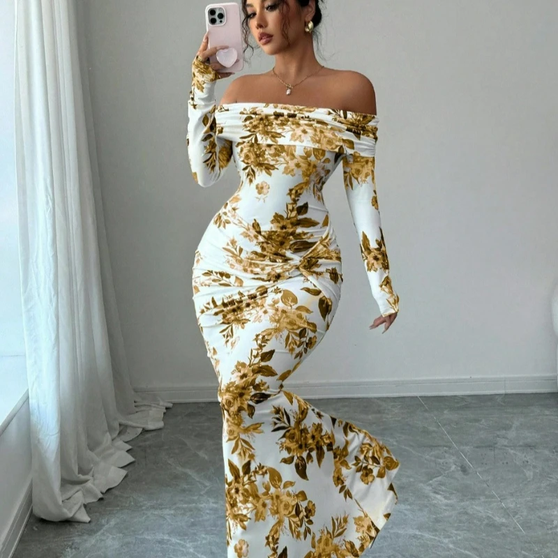 Autumn New Style Fashionable European American Elegant Printed Long Dress Slimming One-shoulder Long-sleeved Dress for Women
Autumn New Style Fashionable European American Elegant Printed Long Dress Slimming One-shoulder Long-sleeved Dress for Women