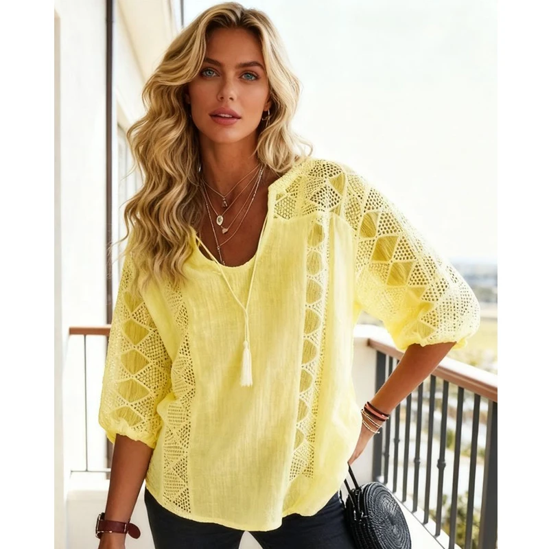 Летняя женская блузка с V-образным вырезом, белая, модная, с коротким рукавом, свободного кроя, с кружевными вставками, повседневная, однотонная, женская, топ
Летняя женская блузка с V-образным вырезом, белая, модная, с коротким рукавом, свободного кроя, с кружевными вставками, повседневная, однотонная, женская, топ