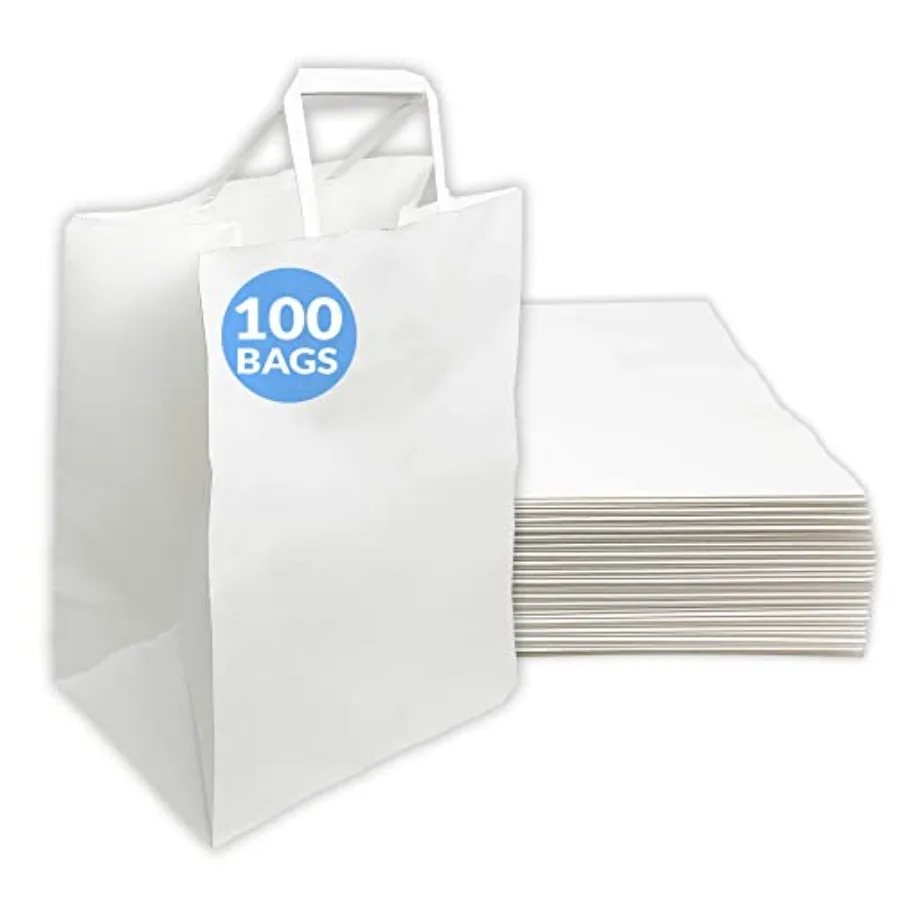 . 100 Pack 10"x6.75"x12" Large White Paper Bags w/Handles Ideal for To Go/Take Out/Restaurant Bags with Handles, Shopping, Reta
. 100 Pack 10"x6.75"x12" Large White Paper Bags w/Handles Ideal for To Go/Take Out/Restaurant Bags with Handles, Shopping, Reta