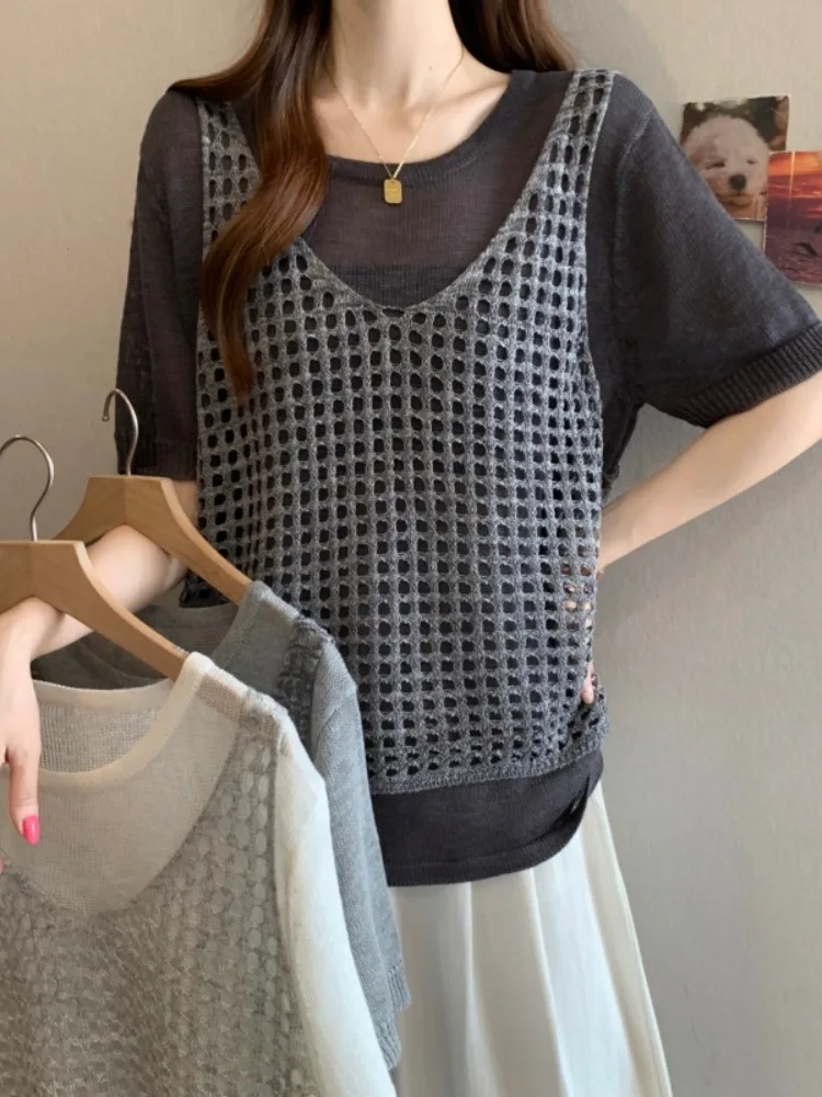 plus Size Summer Casual Hollow out Top And Vest Set Women's Fashionable Layering Short Sleeve round Neck Breathable Clothes
plus Size Summer Casual Hollow out Top And Vest Set Women's Fashionable Layering Short Sleeve round Neck Breathable Clothes