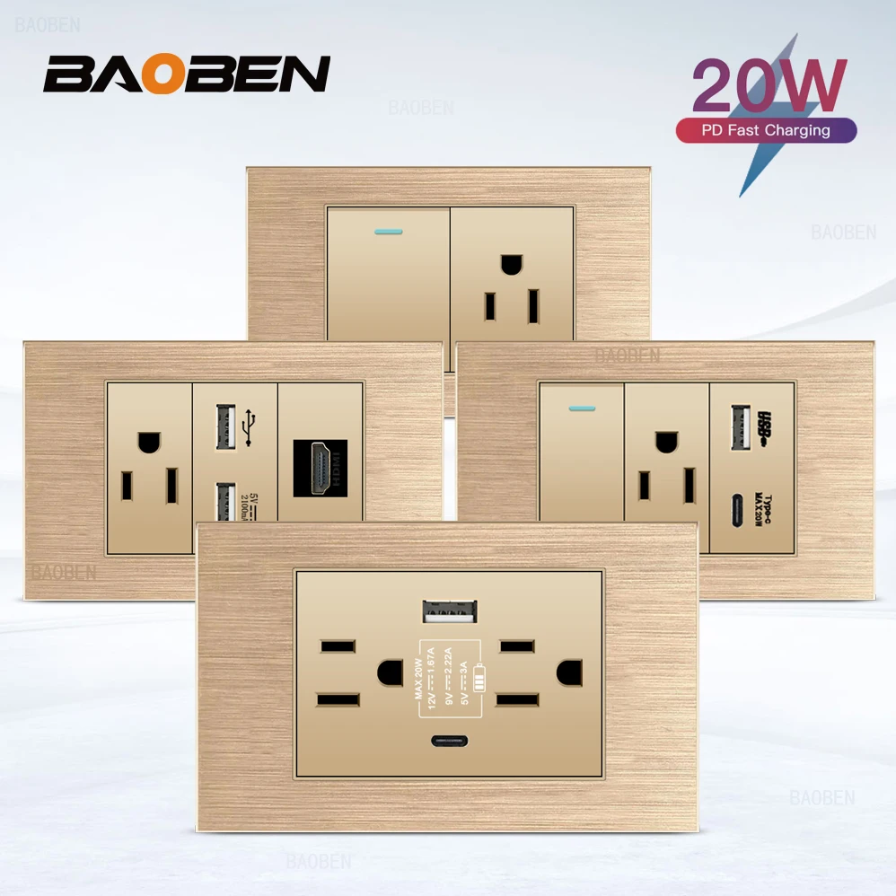 DELEFU Gold Flame Retardant Aluminum Panel Mexico Standard Type C US Socket 118*72mm Wall Socket Light Switch for Fast Charging
DELEFU Gold Flame Retardant Aluminum Panel Mexico Standard Type C US Socket 118*72mm Wall Socket Light Switch for Fast Charging