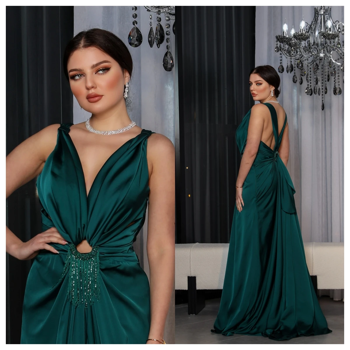 Customized Luxury Green Satin Evening Dress V-Neck Cap Sleeve Sleeveless Bridal Party High Quality Crystal Celebrity Gowns
Customized Luxury Green Satin Evening Dress V-Neck Cap Sleeve Sleeveless Bridal Party High Quality Crystal Celebrity Gowns