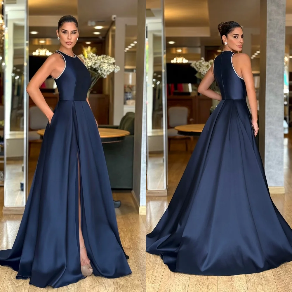 Customized Simple Blue Satin Evening Dress Elegant O-Neck Sleeveless Homecoming Dresses Formal Sweep Train Vestido De Festa
Customized Simple Blue Satin Evening Dress Elegant O-Neck Sleeveless Homecoming Dresses Formal Sweep Train Vestido De Festa