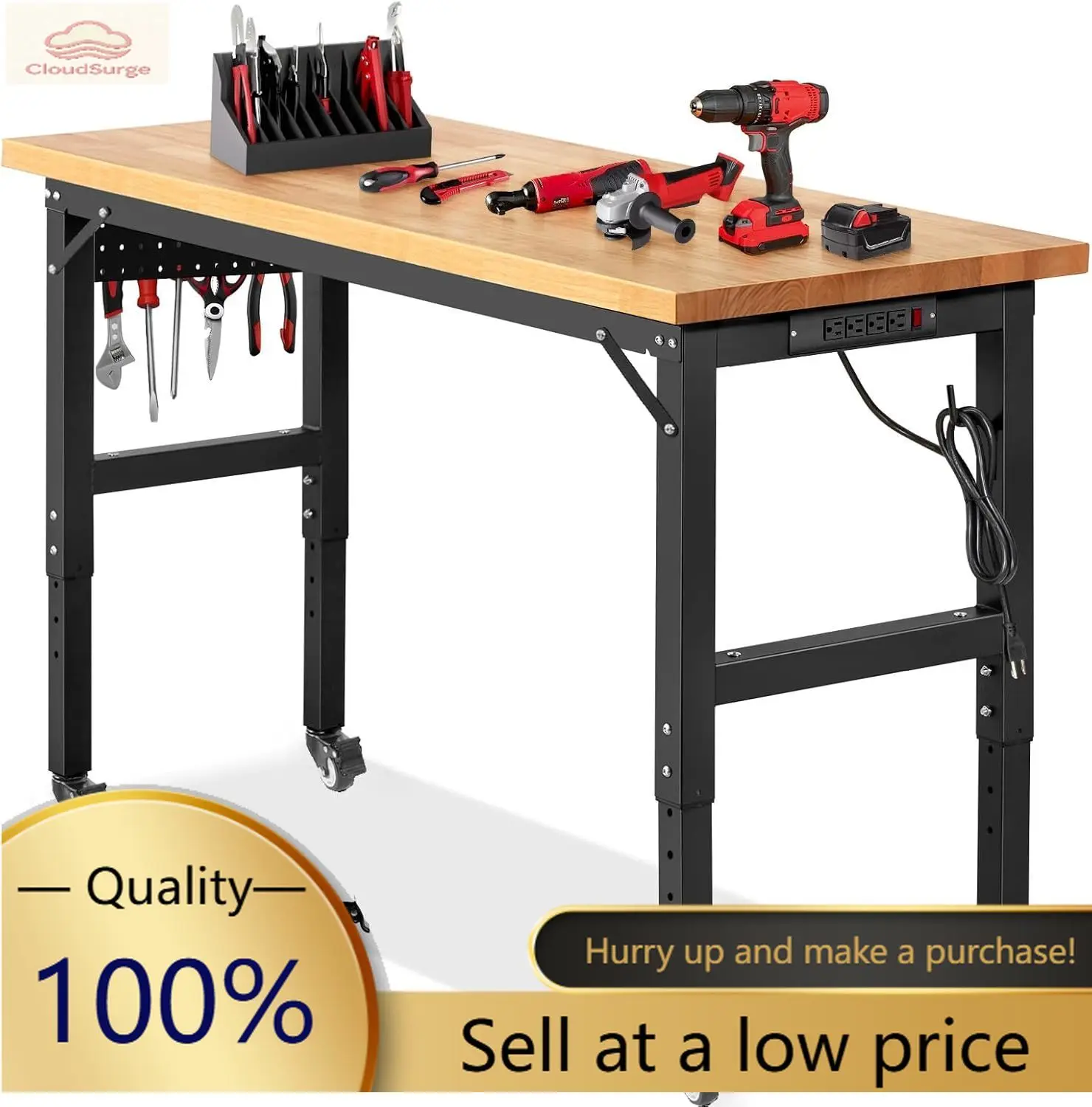 60" x 22" Heavy Duty Workbench with Wheels, Adjustable Height Garage Work Table with Solid Rubberwood Top, Pegboard & Power Outl
60" x 22" Heavy Duty Workbench with Wheels, Adjustable Height Garage Work Table with Solid Rubberwood Top, Pegboard & Power Outl