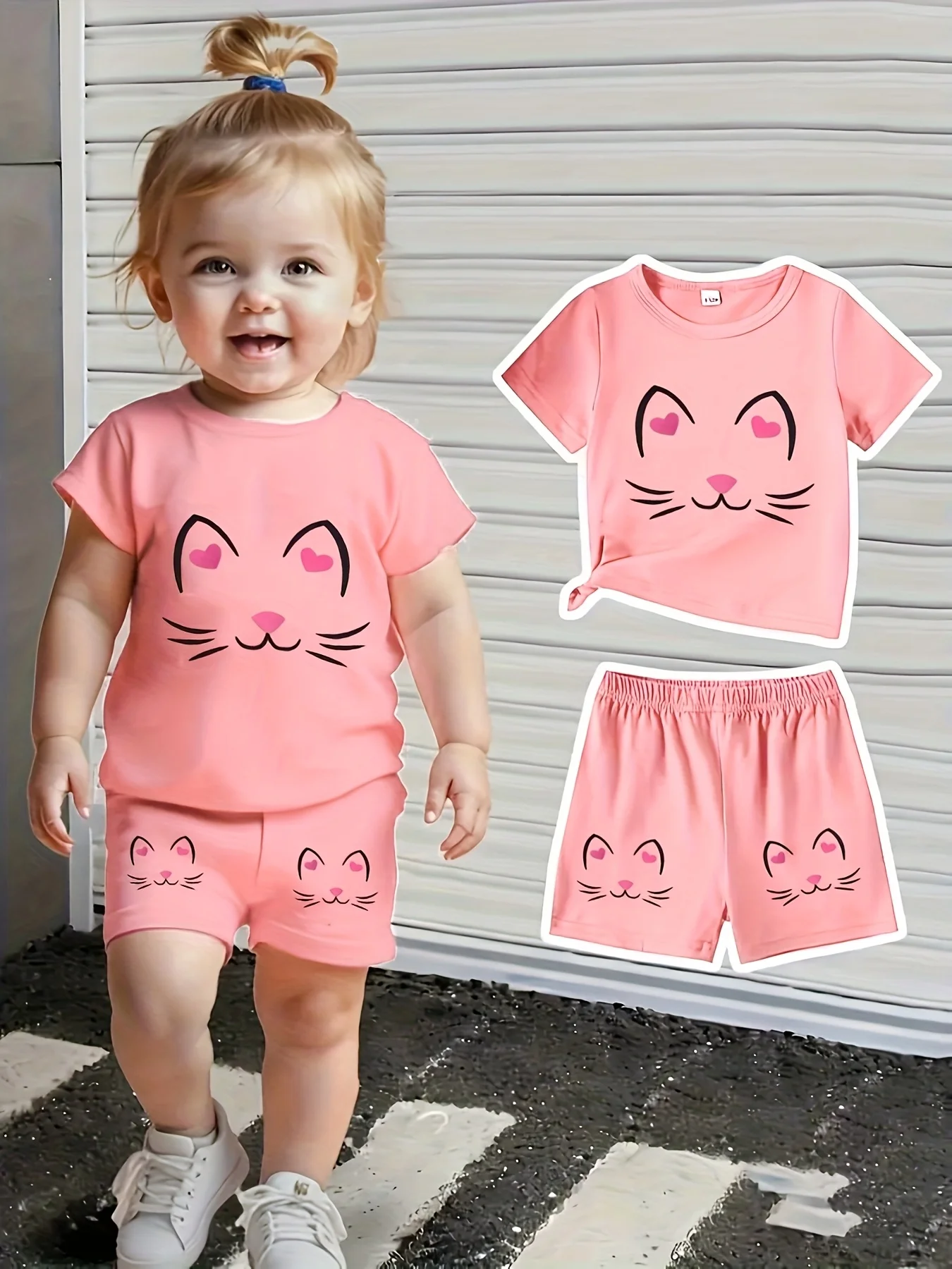 Baby girl cute cat pattern short sleeved top+casual shorts set suitable for outdoor sports
Baby girl cute cat pattern short sleeved top+casual shorts set suitable for outdoor sports