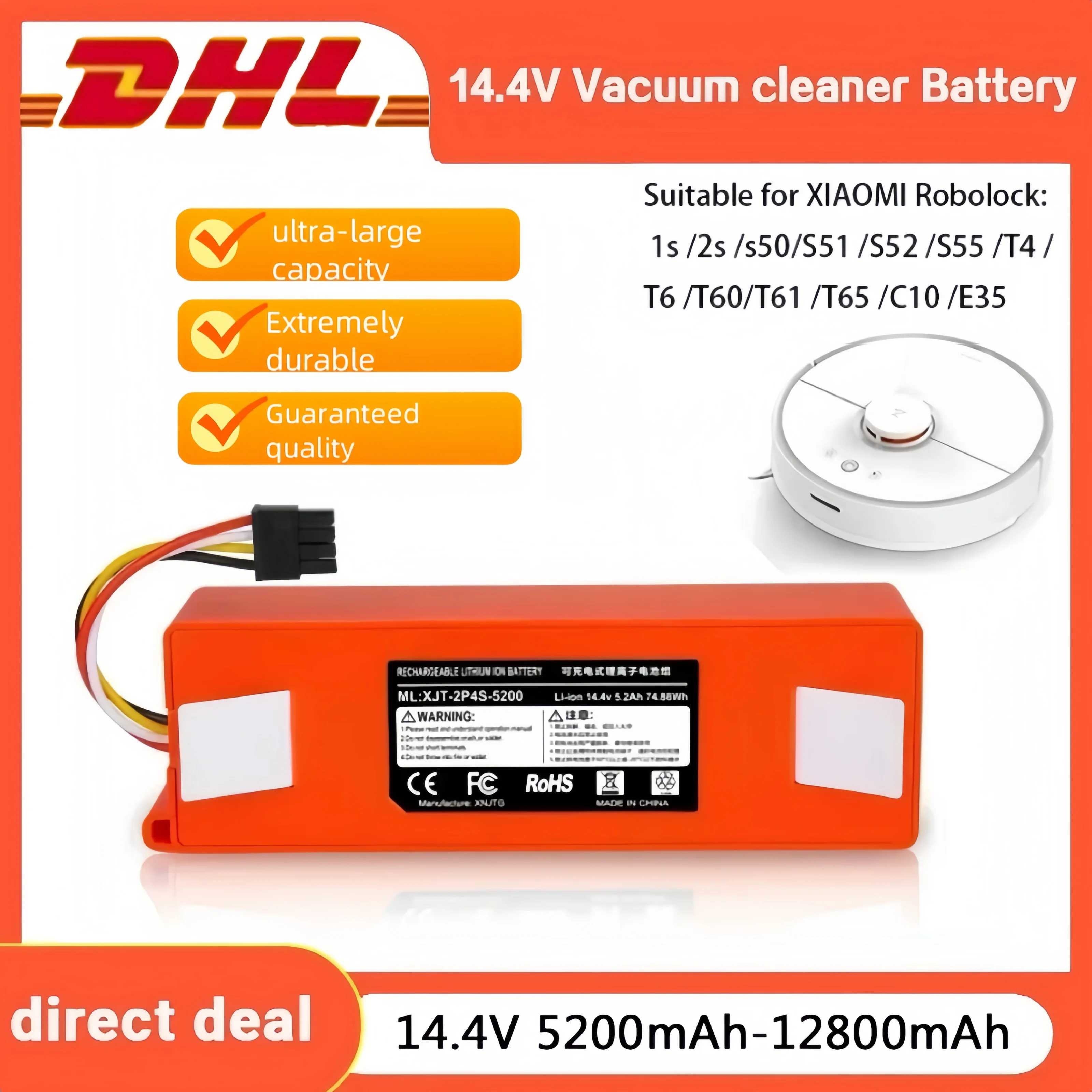 100% original BRR-2P4S-5200S robot vacuum cleaner battery replacement suitable for Xiaomi Roborock S50 S55 S60 S65 MAX S6 parts
100% original BRR-2P4S-5200S robot vacuum cleaner battery replacement suitable for Xiaomi Roborock S50 S55 S60 S65 MAX S6 parts
