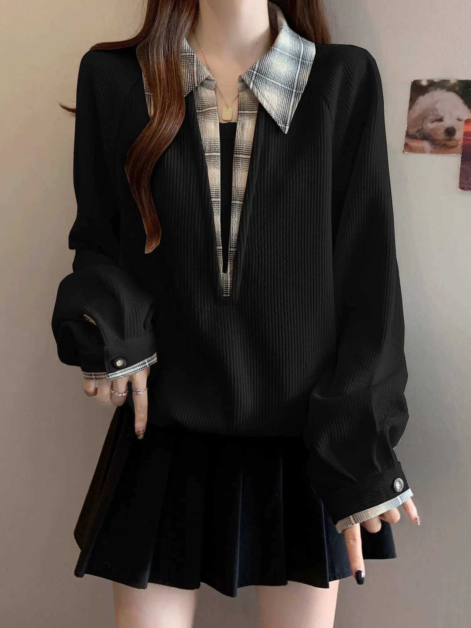 Korean Style Plaid Collar Color Block Fake Two-Piece Sweatshirt Women's Autumn Winter plus Size Slimming Shoulder Level Top
Korean Style Plaid Collar Color Block Fake Two-Piece Sweatshirt Women's Autumn Winter plus Size Slimming Shoulder Level Top