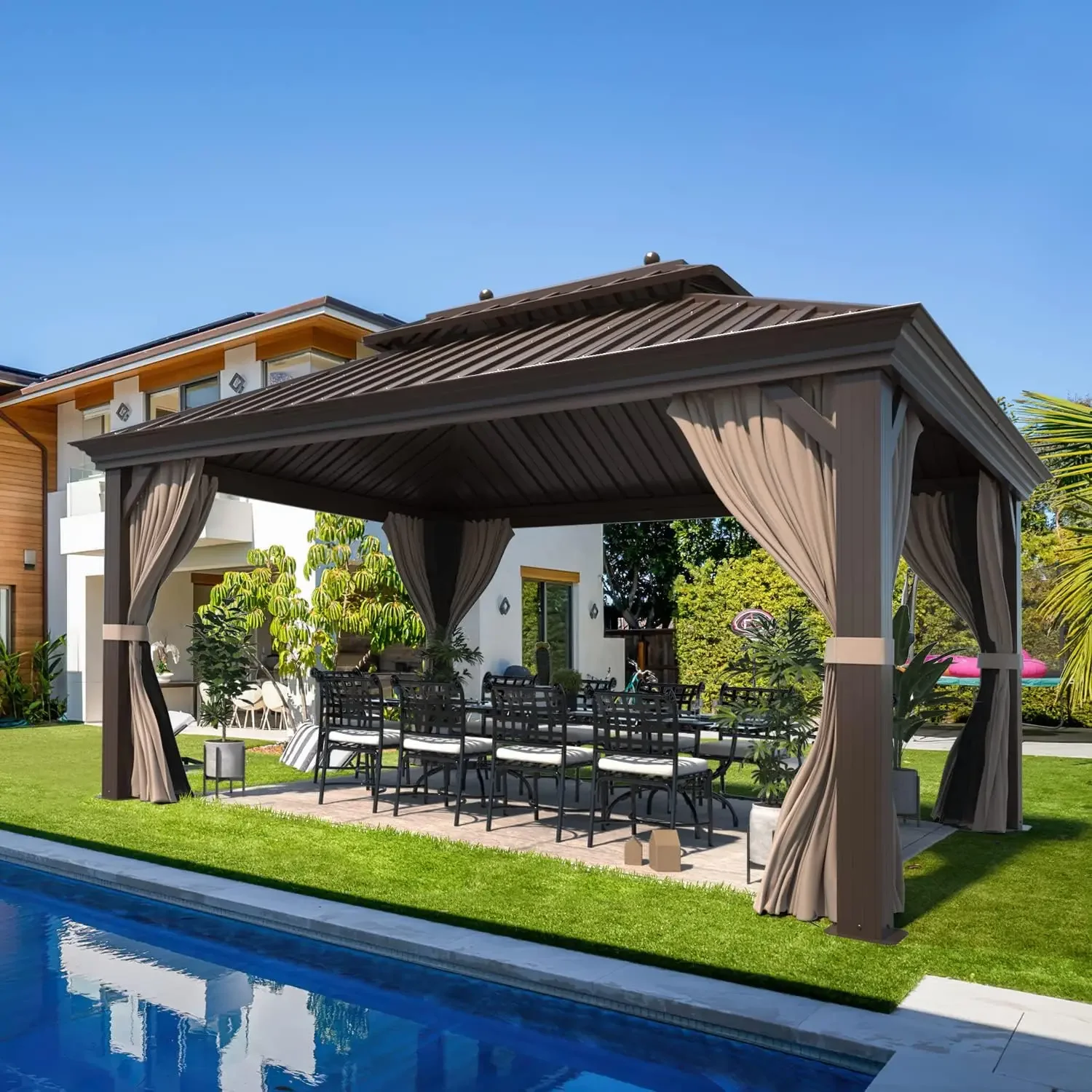 12'x16' Hardtop Gazebo with Galvanized Steel Double Roof, Pergolas Aluminum Frame, Netting and Curtains Included
12'x16' Hardtop Gazebo with Galvanized Steel Double Roof, Pergolas Aluminum Frame, Netting and Curtains Included