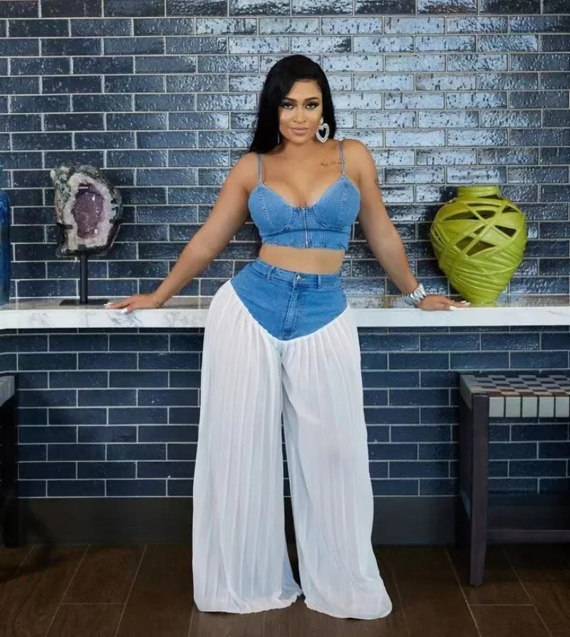 Women Denim 2 Piece Set Fashion Zipper Backless Camisole Crop Tops + Pleated Chiffon Patchwork Wide Leg Pants Casual Jeans Suits
Women Denim 2 Piece Set Fashion Zipper Backless Camisole Crop Tops + Pleated Chiffon Patchwork Wide Leg Pants Casual Jeans Suits