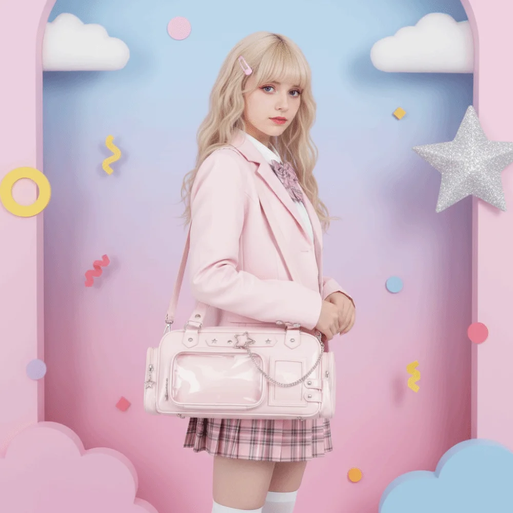 Multi Pocket Clear Ita Bag with Removable Insert Glossy Surface School Uniform Tote Star Eyelet Metal Chain Idol Fans Handbag
Multi Pocket Clear Ita Bag with Removable Insert Glossy Surface School Uniform Tote Star Eyelet Metal Chain Idol Fans Handbag