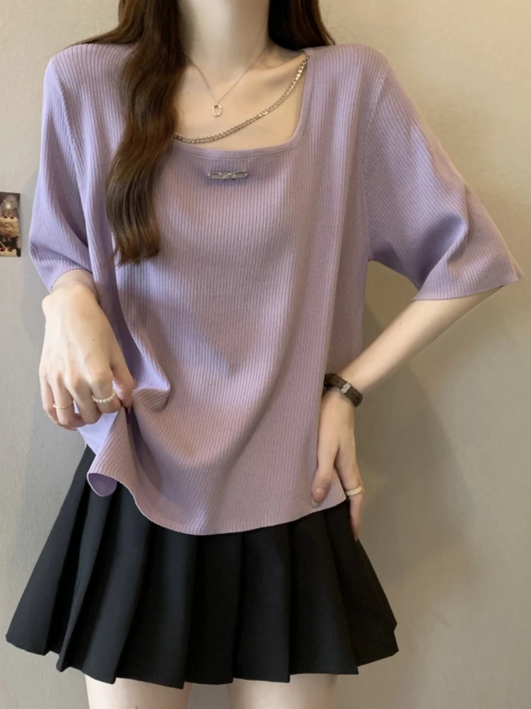Purple Ice Silk Short Sleeve T-Shirt Women's Summer plus Size Slimming Square Collar Top Trendy European Style Small Shirt
Purple Ice Silk Short Sleeve T-Shirt Women's Summer plus Size Slimming Square Collar Top Trendy European Style Small Shirt