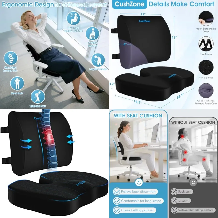 Ergonomic Seat Cushion & Lumbar Support Pillow - Memory Foam for Sciatica Pain Relief & Posture Correction, Non-Slip Chair Cushions for Office Chair/Car/Wheelchair/Travel (Black)
Ergonomic Seat Cushion & Lumbar Support Pillow - Memory Foam for Sciatica Pain Relief & Posture Correction, Non-Slip Chair Cushions for Office Chair/Car/Wheelchair/Travel (Black)