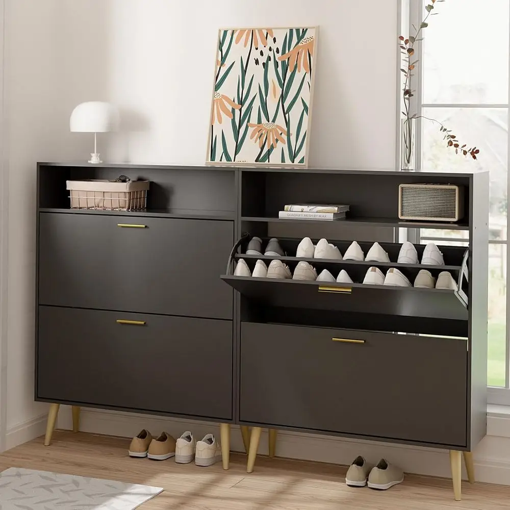 Компактная 2-ярусная полка для обуви с демонстрационной полкой, тонкий черный шкаф для хранения обуви для прихожей
Компактная 2-ярусная полка для обуви с демонстрационной полкой, тонкий черный шкаф для хранения обуви для прихожей