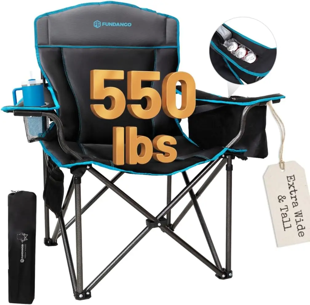 550Lbs Heavy Duty Oversized Camping Chair for Adults, Foldable Padded Seat & Back, Cup Holder, Cooler, Carry Bag
550Lbs Heavy Duty Oversized Camping Chair for Adults, Foldable Padded Seat & Back, Cup Holder, Cooler, Carry Bag