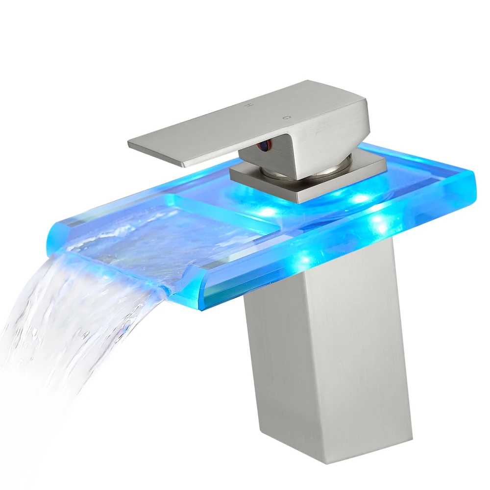 Bathroom Sink Faucet LED Light 3 Colors Changing Waterfall Glass Spout Hot Cold Water Mixer Single Handle One Hole Deck Mounted
Bathroom Sink Faucet LED Light 3 Colors Changing Waterfall Glass Spout Hot Cold Water Mixer Single Handle One Hole Deck Mounted