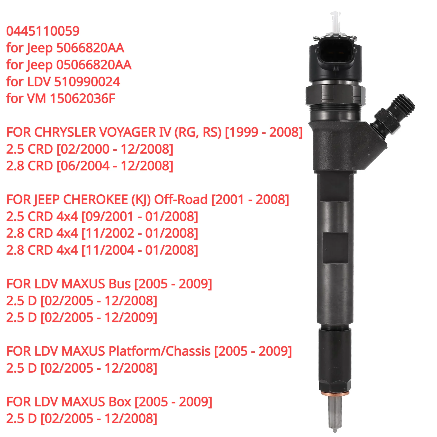 New 0445110059 Diesel Fuel Injector Nozzle 05066820AA For Jeep Cherokee (KJ) MK2 2.8 CRD 2001-2008
New 0445110059 Diesel Fuel Injector Nozzle 05066820AA For Jeep Cherokee (KJ) MK2 2.8 CRD 2001-2008