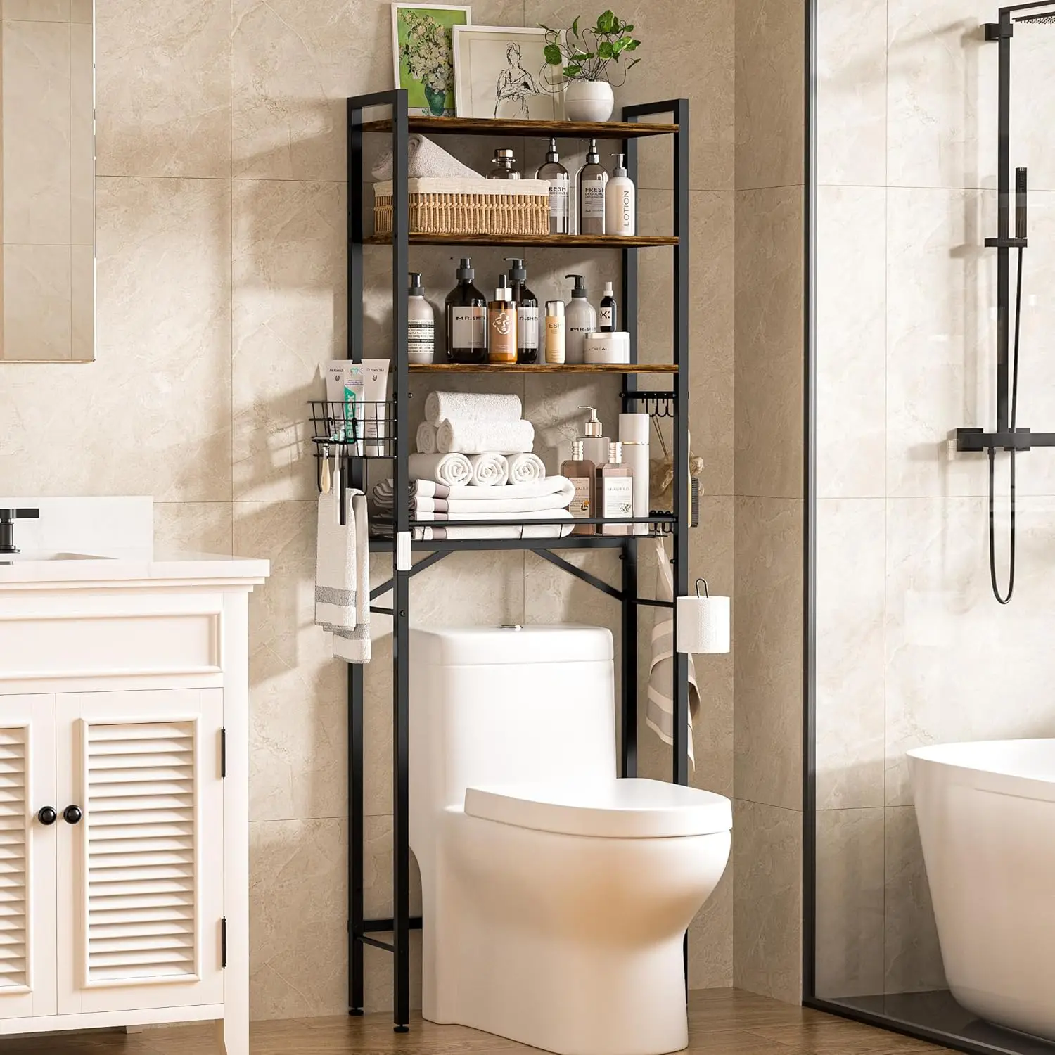 4-Tier Adjustable Over Toilet Storage with Basket, Freestanding Space Saver Bathroom Shelves in Brown
4-Tier Adjustable Over Toilet Storage with Basket, Freestanding Space Saver Bathroom Shelves in Brown