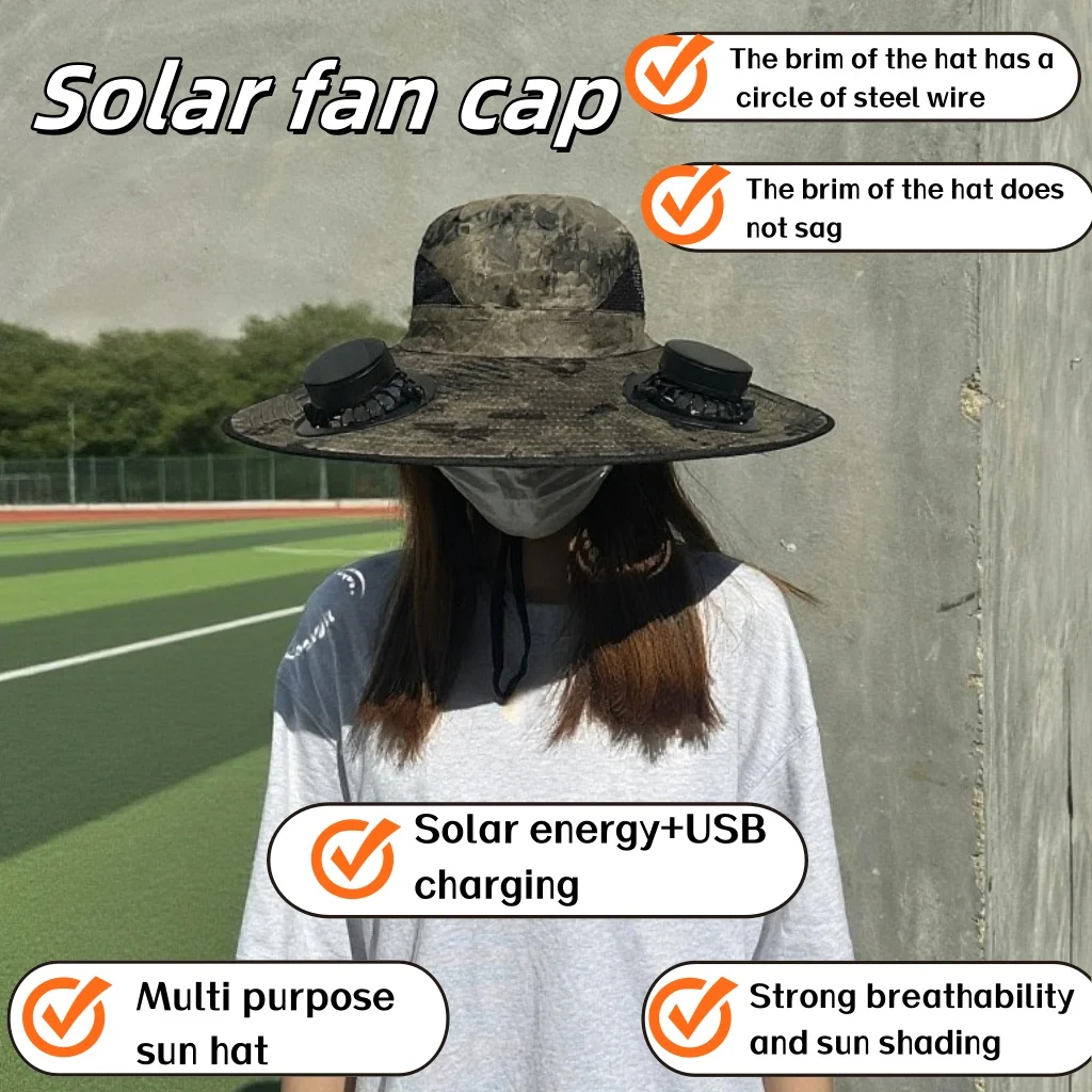Men's wide eave solar fan cap, dual fan breathable fishing cap, solar USB dual electric suitable for camping, fishing, beach 
Men's wide eave solar fan cap, dual fan breathable fishing cap, solar USB dual electric suitable for camping, fishing, beach