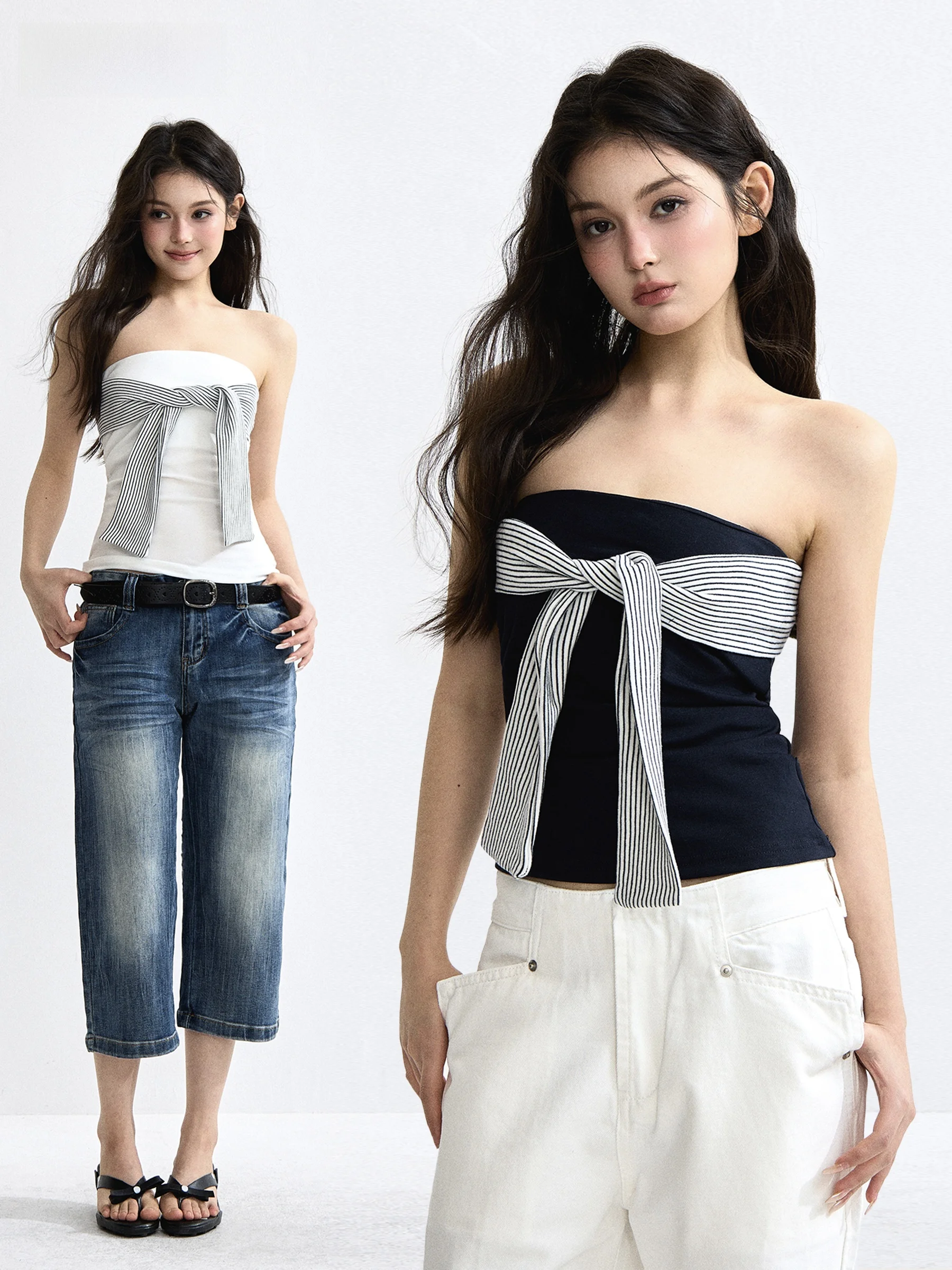 Spicy Girl Strap Vest Short Top Women Summer American Color Block Stripe Tie Back Waist Cinching Strapless Tank Top
Spicy Girl Strap Vest Short Top Women Summer American Color Block Stripe Tie Back Waist Cinching Strapless Tank Top