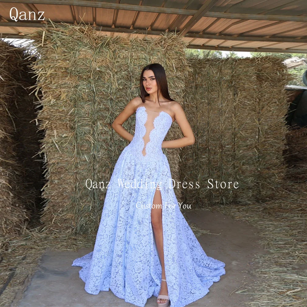 Qanz Sky Blue Lace Appliques Evening Dress Strapless Sleeveless Slit Wedding Guest Dresses Elegant Robes De Soirée Customized
Qanz Sky Blue Lace Appliques Evening Dress Strapless Sleeveless Slit Wedding Guest Dresses Elegant Robes De Soirée Customized