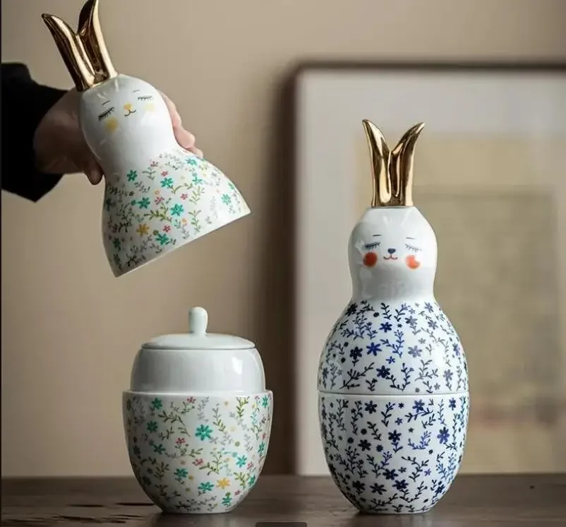 Flower Rabbit Tea Can Caddy with Teaspoon Sealed Jar Box Storage Container Organizer Candy Jars
