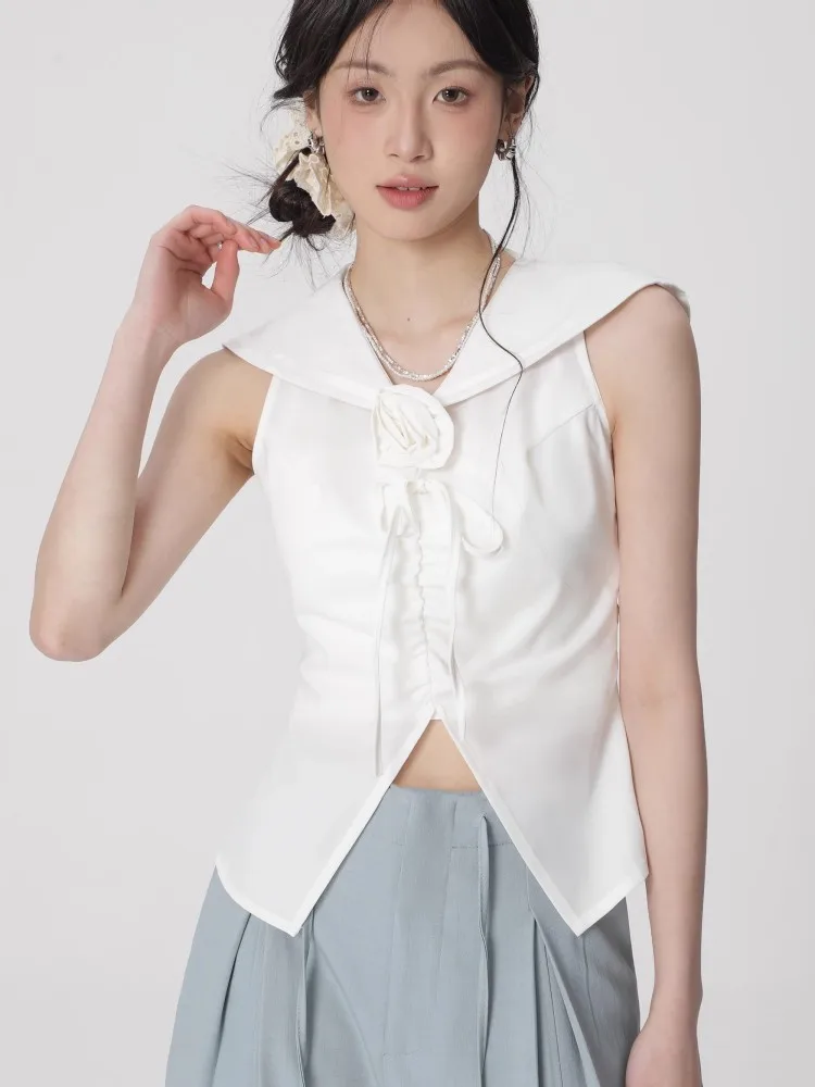 White Rose Navy Neck Shirt For Women'S 2024 Summer New Shoulder Cut Pleated High End Design Short Top
White Rose Navy Neck Shirt For Women'S 2024 Summer New Shoulder Cut Pleated High End Design Short Top
