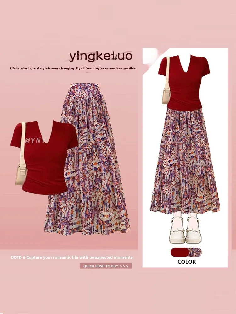 Floral Print Slim Fit Short Sleeve V-Neck Top And Skirt Set Women's Summer Fashion Casual Wear Micro Stretch Long Skirt
Floral Print Slim Fit Short Sleeve V-Neck Top And Skirt Set Women's Summer Fashion Casual Wear Micro Stretch Long Skirt