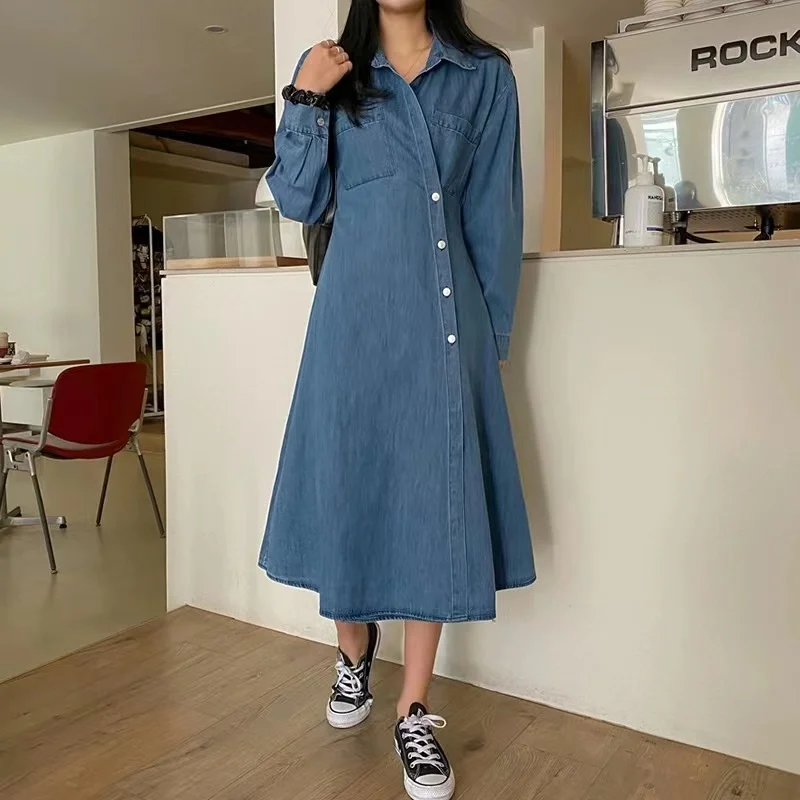 Vintage Autumn Spring Denim Shirt Dress High Quality Women Lapel Side Single Breasted Long Sleeve Pockets Office Midi Vestidos
Vintage Autumn Spring Denim Shirt Dress High Quality Women Lapel Side Single Breasted Long Sleeve Pockets Office Midi Vestidos