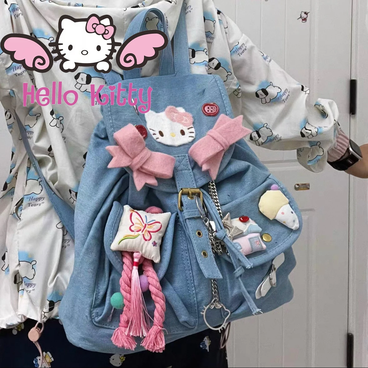 НОВЫЙ джинсовый рюкзак Hello Kitty MINISO Sanrio, милый ретро-стиль y2k, модный рюкзак с розовым бантом, сумка «сделай сам», подарок для девочки, каваи 
НОВЫЙ джинсовый рюкзак Hello Kitty MINISO Sanrio, милый ретро-стиль y2k, модный рюкзак с розовым бантом, сумка «сделай сам», подарок для девочки, каваи