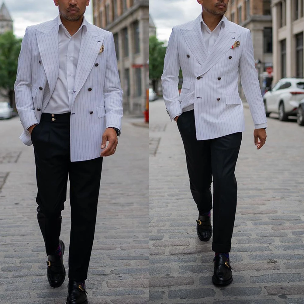 White Pinstripe Men Suit Tailor-Made 2 Pieces Blazer Black Pants Double Breasted Wedding Groom Causal Prom Tailored
White Pinstripe Men Suit Tailor-Made 2 Pieces Blazer Black Pants Double Breasted Wedding Groom Causal Prom Tailored