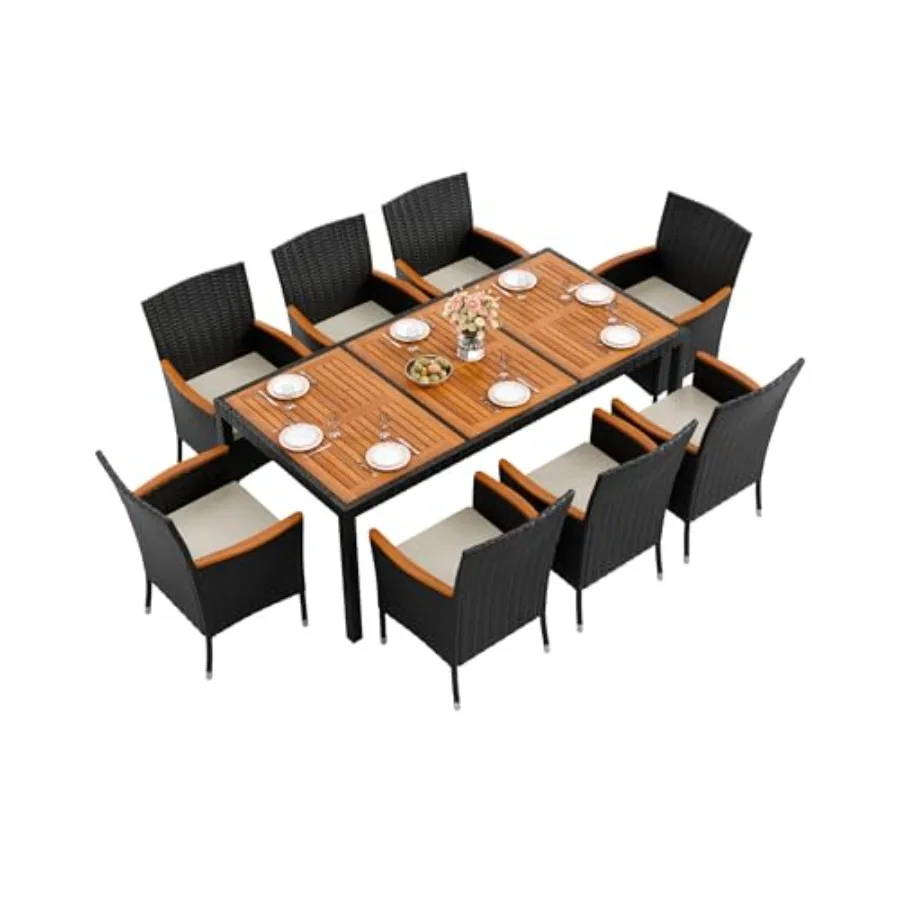Outdoor patio dining set: acacia wood table and chairs with soft cushions, wicker design, brown finish, weather-resistant for d
Outdoor patio dining set: acacia wood table and chairs with soft cushions, wicker design, brown finish, weather-resistant for d