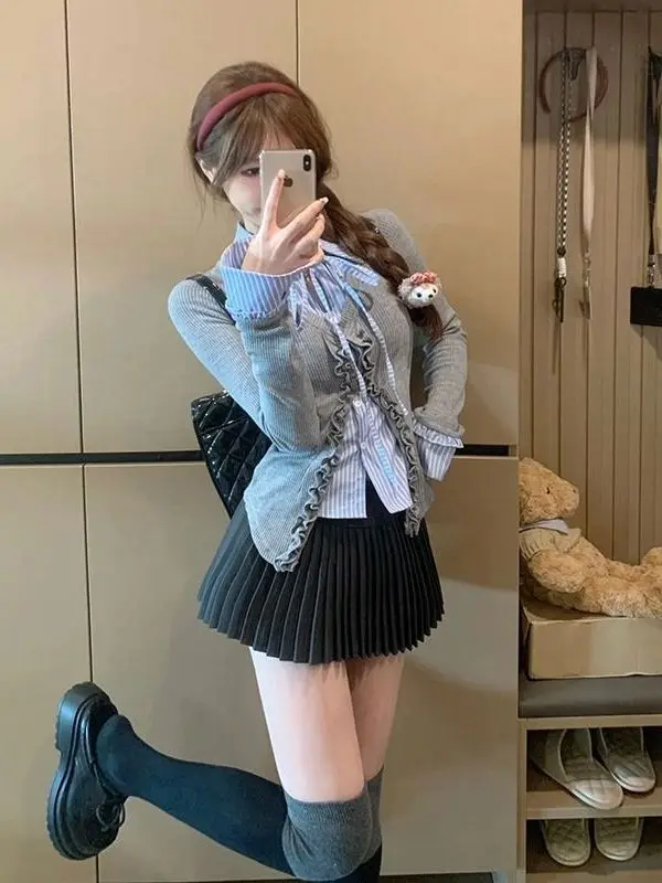 Slimming Sweet And Spicy Hollow out Long Sleeve Stripe Shirt And Pleated Skirt Two Piece Set Fashionable Elegant Student Uniform
Slimming Sweet And Spicy Hollow out Long Sleeve Stripe Shirt And Pleated Skirt Two Piece Set Fashionable Elegant Student Uniform