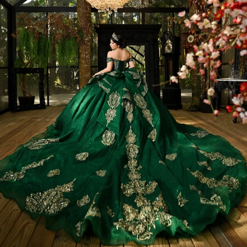 dark green Shiny Ball Gown Quinceanera Dresses Gold Applique Lace Beading Crystal Tiered Tull Bow Corset Off The Shoulder Sweet
dark green Shiny Ball Gown Quinceanera Dresses Gold Applique Lace Beading Crystal Tiered Tull Bow Corset Off The Shoulder Sweet