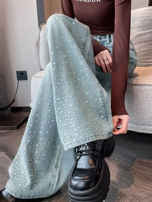 Retro American Light Blue Rhinestone Denim High Waist Wide Leg Straight Cut Women's Jeans Casual Spring New Style Floor Length
Retro American Light Blue Rhinestone Denim High Waist Wide Leg Straight Cut Women's Jeans Casual Spring New Style Floor Length