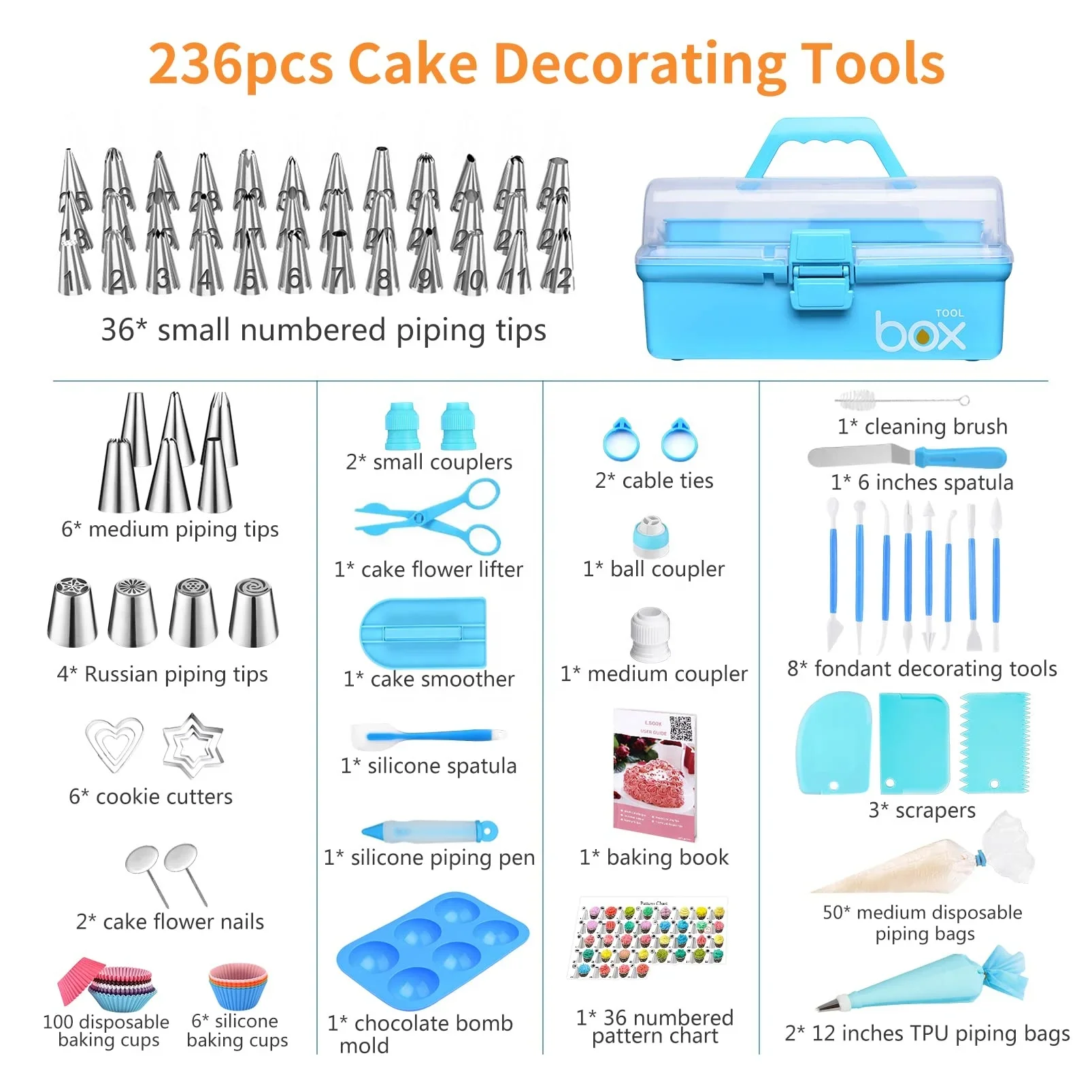 Hot sale 236 Piece Cake Kit With Box Decorative Icing Pipe Nozzle Set Pastry Bag Spatula Muffin Mold Baking Supplies
Hot sale 236 Piece Cake Kit With Box Decorative Icing Pipe Nozzle Set Pastry Bag Spatula Muffin Mold Baking Supplies