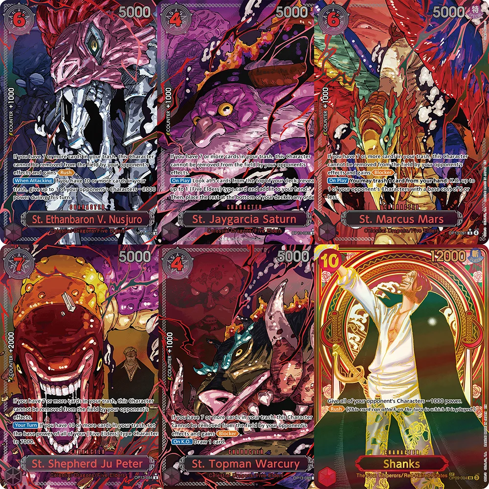 Agent Anime One Piece OPCG Laser frosted Game Cards Celestial Dragons Five Elders Replica Japanese Game Collection Cards.
Agent Anime One Piece OPCG Laser frosted Game Cards Celestial Dragons Five Elders Replica Japanese Game Collection Cards.