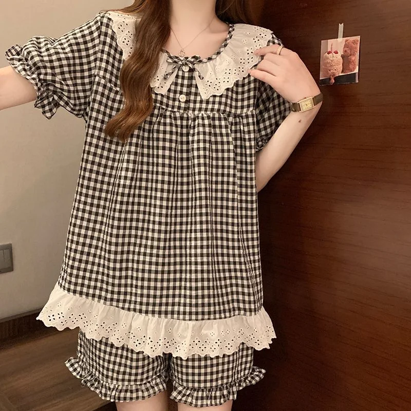 2XL, летняя одежда для сна большого размера, женские пижамные комплекты, корейские студенческие подростковые клетчатые шорты с короткими рукавами, комплект из 2 предметов, свободный домашний костюм
2XL, летняя одежда для сна большого размера, женские пижамные комплекты, корейские студенческие подростковые клетчатые шорты с короткими рукавами, комплект из 2 предметов, свободный домашний костюм