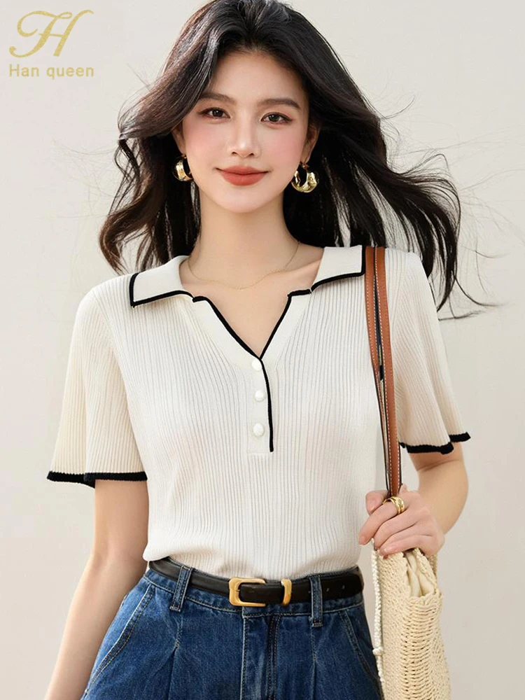 H Han Queen New Summer Woman Clothing Short Sleeve Sweater Elegant Vintage Casual Pullovers Top Korean Loose Blouse
H Han Queen New Summer Woman Clothing Short Sleeve Sweater Elegant Vintage Casual Pullovers Top Korean Loose Blouse