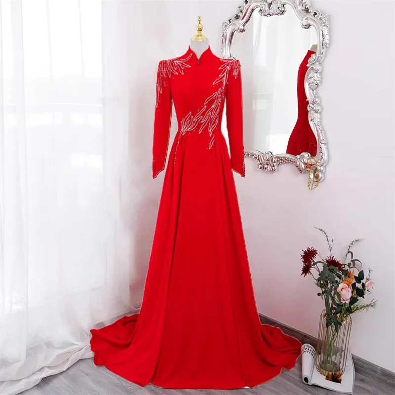 New Chinese Red Heavy Industry Host Dress 2026 Long Sleeve Formal Evening Party Dress Costumes
New Chinese Red Heavy Industry Host Dress 2026 Long Sleeve Formal Evening Party Dress Costumes