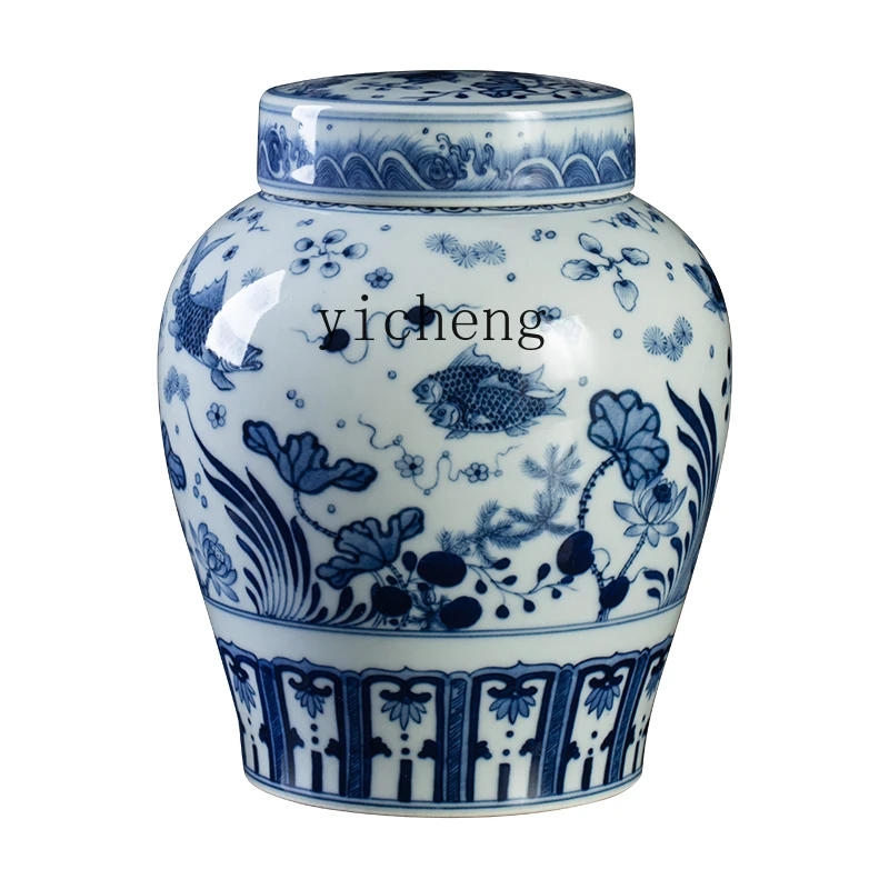 L7-10 blue and white porcelain tea can Chinese ceramic tea can fish and algae pattern tea can gift box high-end ornament
L7-10 blue and white porcelain tea can Chinese ceramic tea can fish and algae pattern tea can gift box high-end ornament