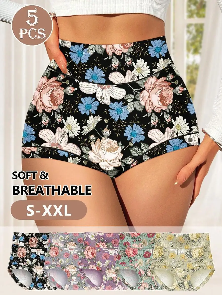 5 Pcs Women High Waist Floral Printed Briefs Soft Breathable Stretch Panties
5 Pcs Women High Waist Floral Printed Briefs Soft Breathable Stretch Panties
