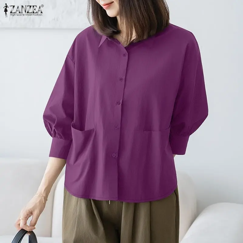 Summer Woman Minimalist Solid Color Shirts 3/4 Lantern Sleeves Button Up Collared Blouses ZANZEA Casual Loose Chemises Femme
Summer Woman Minimalist Solid Color Shirts 3/4 Lantern Sleeves Button Up Collared Blouses ZANZEA Casual Loose Chemises Femme
