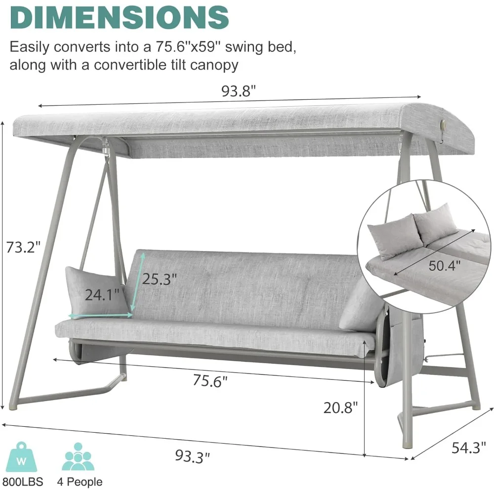 3 to 4 Person Porch Swing Outdoor 2-in-1 Swing Bed with Canopy Adjustable Backrest 800 lbs Capacity Patio Swing Chair with Stand
3 to 4 Person Porch Swing Outdoor 2-in-1 Swing Bed with Canopy Adjustable Backrest 800 lbs Capacity Patio Swing Chair with Stand
